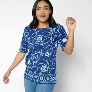 Quacker Factory Blue Bateau Neckline Nautical Elbow Sleeve Top